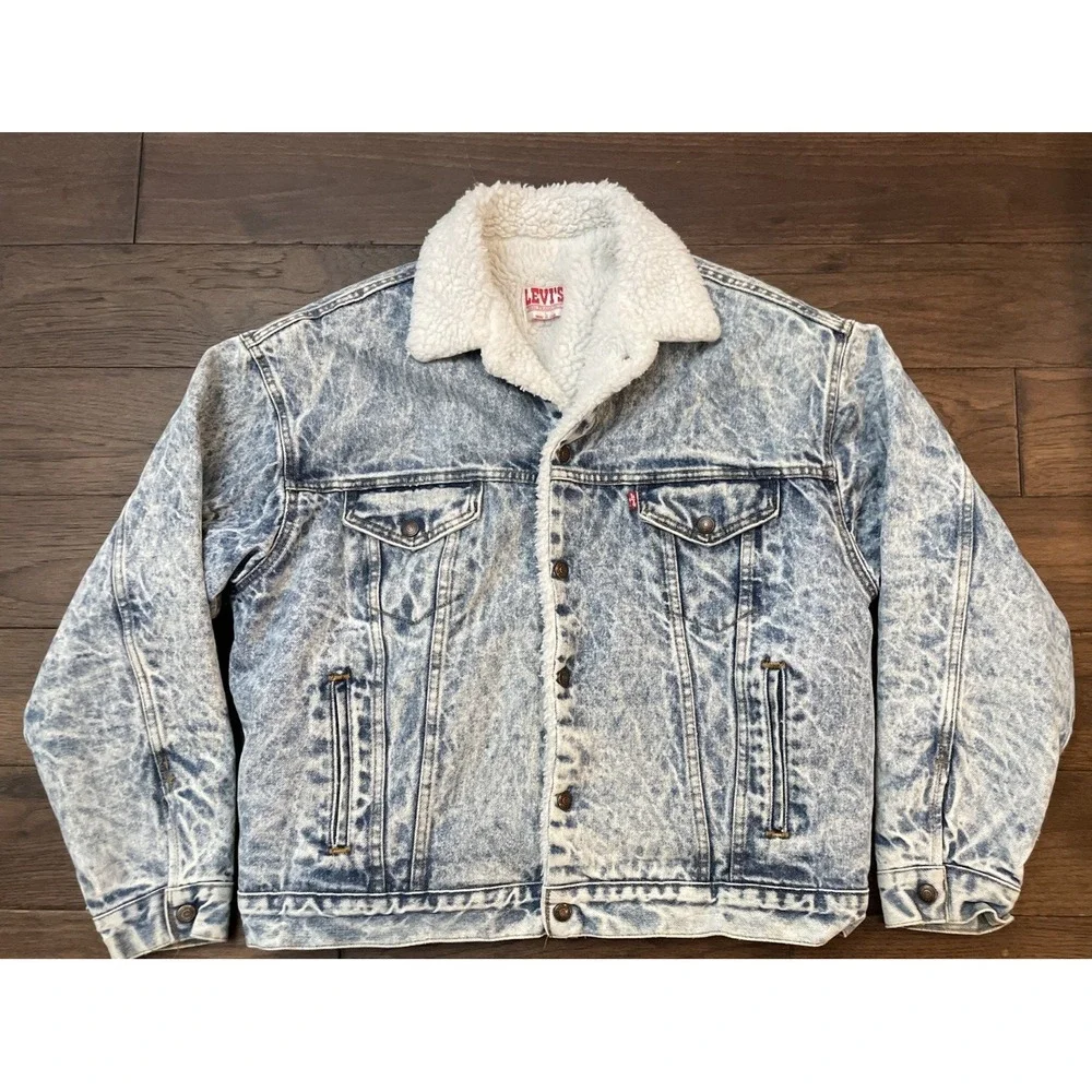 Vintage Levis Sherpa Lined Denim Trucker Jacket Men's Large Blue Made In USA‎